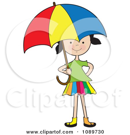 Clipart Girl Under A Colorful Umbrella - Royalty Free Vector Illustration by Maria Bell