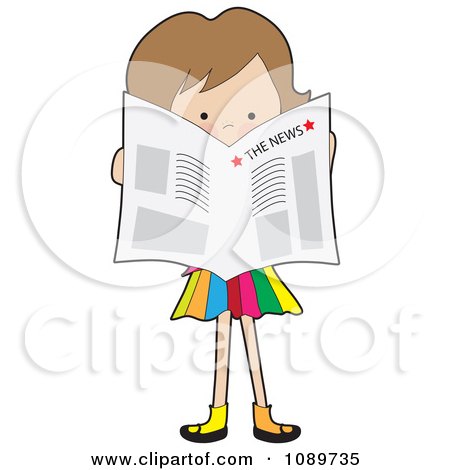 Clipart Girl Standing And Reading A Newspaper - Royalty Free Vector Illustration by Maria Bell