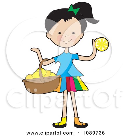 Clipart Girl Carrying A Basket Of Lemons - Royalty Free Vector Illustration by Maria Bell