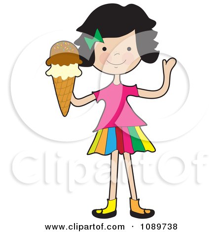 Clipart Girl Waving And Holding An Ice Cream Cone - Royalty Free Vector Illustration by Maria Bell