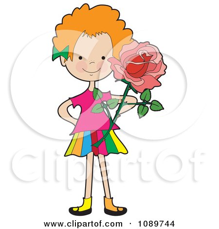 Clipart Red Haired Girl Holding A Rose - Royalty Free Vector Illustration by Maria Bell