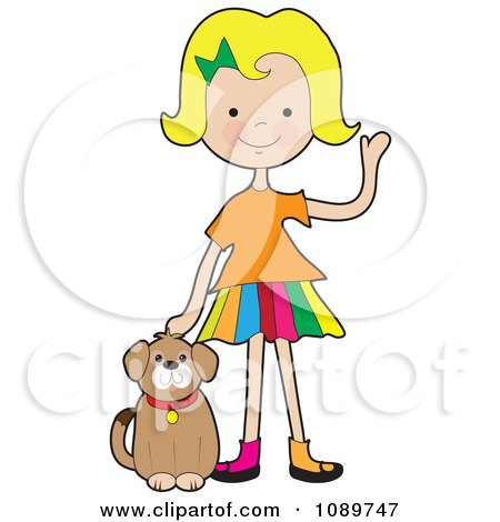 Clipart Blond Girl Waving And Petting A Dog - Royalty Free Vector Illustration by Maria Bell