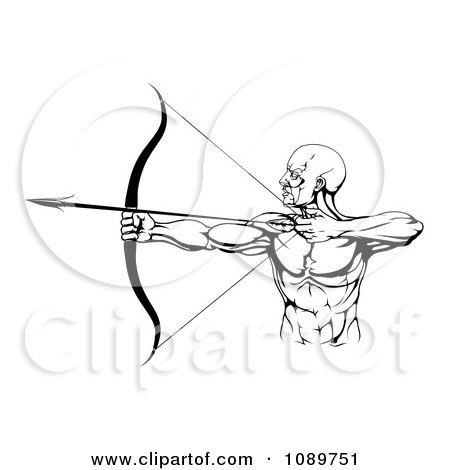 Clipart Black And White Strong Male Archer - Royalty Free Vector Illustration by AtStockIllustration