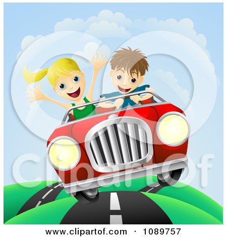 Clipart Happy Couple Driving Fast On A Hilly Road - Royalty Free Vector Illustration by AtStockIllustration