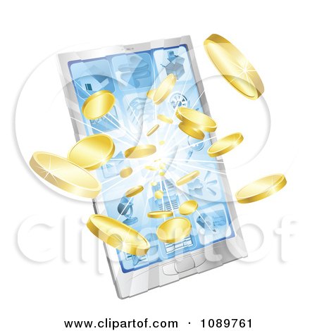 Clipart 3d Gold Coins Bursting From A Silver Smart Phone - Royalty Free Vector Illustration by AtStockIllustration