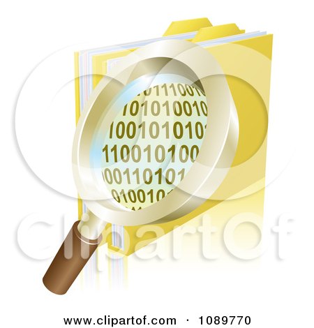Clipart 3d Magnifying Glass Over Binary Coding And Data Folders - Royalty Free Vector Illustration by AtStockIllustration