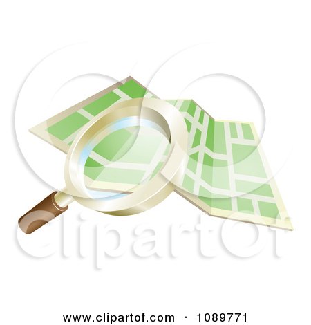 Clipart 3d Magnifying Glass Searching Over A Gps Map - Royalty Free Vector Illustration by AtStockIllustration