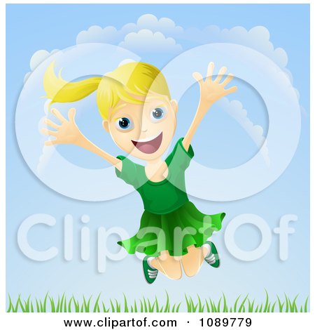 Clipart Happy Blond Girl Jumping Outdoors - Royalty Free Vector Illustration by AtStockIllustration