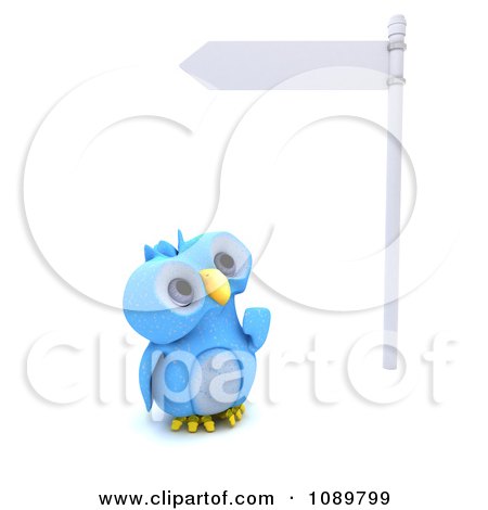 Clipart 3d Blue Bird Or Owl Looking Up At A Street Sign - Royalty Free CGI Illustration by KJ Pargeter
