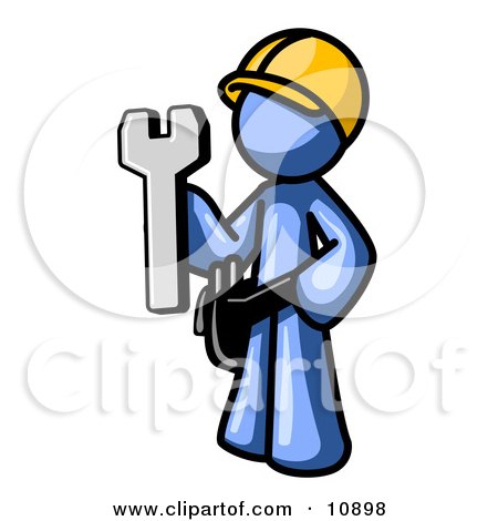 Proud Blue Construction Worker Man in a Hardhat, Holding a Wrench Clipart Illustration by Leo Blanchette