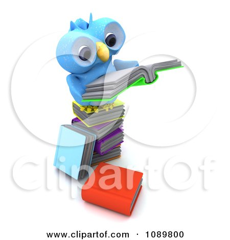 Clipart 3d Blue Bird Or Owl Reading On A Stack Of Books - Royalty Free CGI Illustration by KJ Pargeter
