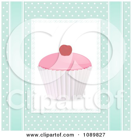 Clipart 3d Pink Cupcake With A Cherry Over Blue Polka Dots And Ribbons - Royalty Free Vector Illustration by elaineitalia