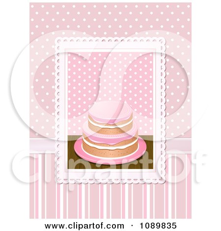 Clipart 3d Pink Frosted Cake Over Pink Polka Dots And Stripes - Royalty Free Vector Illustration by elaineitalia