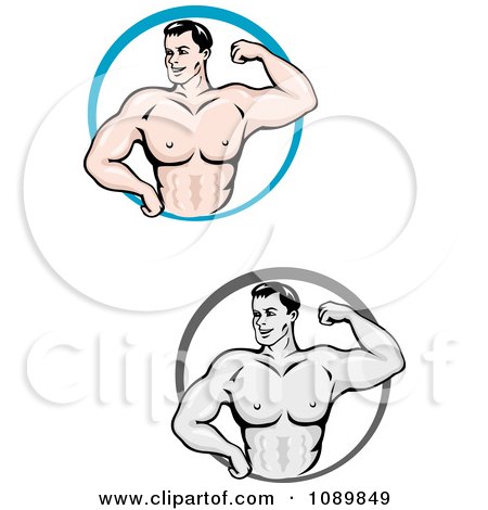 Clipart Grayscale And Colored Male Bodybuilders Flexing - Royalty Free Vector Illustration by Vector Tradition SM