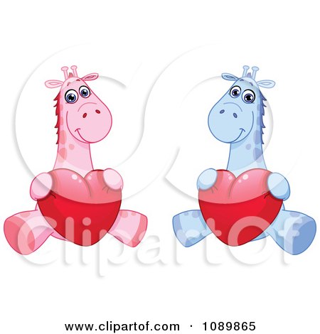 Clipart Pink And Blue Baby Giraffes Holding Valentine Hearts - Royalty Free Vector Illustration by yayayoyo