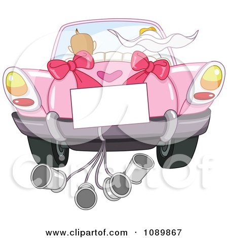 Clipart Just Married Bride And Groom Driving Away In A Pink Car With A Sign And Cans - Royalty Free Vector Illustration by yayayoyo