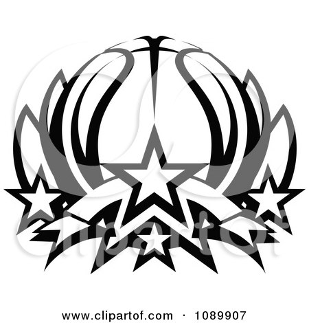 Clipart Black And White Basketball Lotus With Stars - Royalty Free Vector Illustration by Chromaco