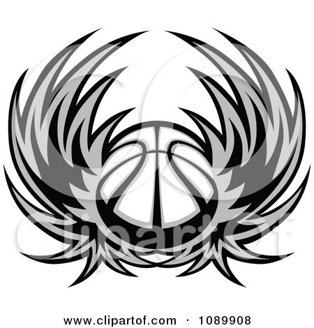 Clipart Grayscale Winged Basketball - Royalty Free Vector Illustration by Chromaco