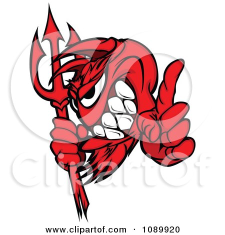 Clipart Red Devil Mascot Grinning And Holding Up A Finger - Royalty Free Vector Illustration by Chromaco