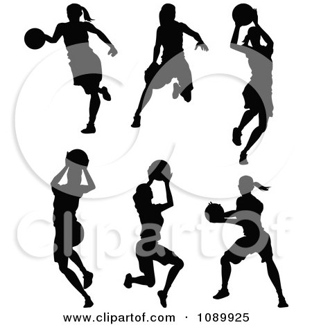 Clipart Black And White Female Basketball Player Silhouettes - Royalty Free Vector Illustration by Chromaco