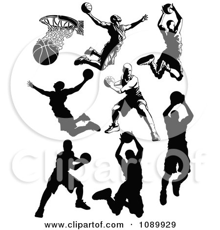 Clipart Black And White Male Basketball Player Silhouettes - Royalty Free Vector Illustration by Chromaco