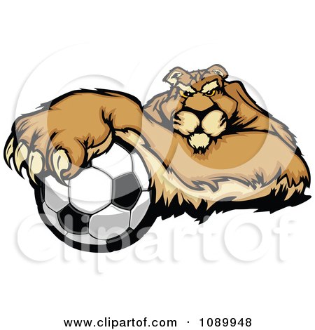 Clipart Puma Mascot Resting With One Paw On A Soccer Ball - Royalty Free Vector Illustration by Chromaco