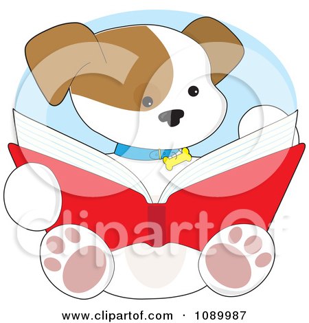 Clipart Cute Puppy Reading Through A Book - Royalty Free Vector Illustration by Maria Bell