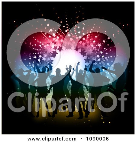 Clipart Silhouetted People Dancing On A Dance Floor Over Colorful Lights And Stars - Royalty Free Vector Illustration by KJ Pargeter
