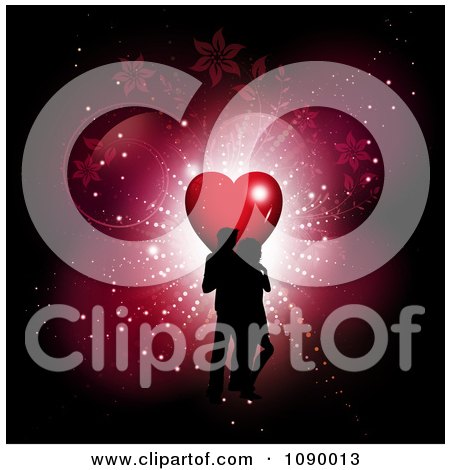 Clipart Silhouetted Valentines Day Couple With A Heart Lights And Vines On Red - Royalty Free Vector Illustration by KJ Pargeter