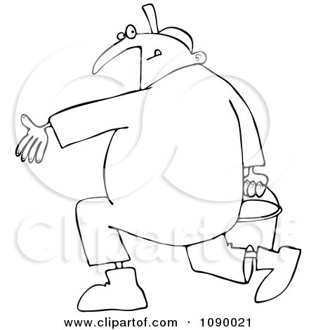 Clipart Outlined Male Plumber Carrying A Full Bucket Of Water - Royalty Free Vector Illustration by djart