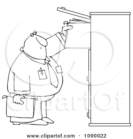 Clipart Outlined Businessman Reaching For Files In A Tall Cabinet - Royalty Free Vector Illustration by djart