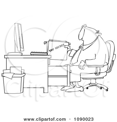 Clipart Outlined Businessman Pulling A Top Secret File From A Desk Cabinet - Royalty Free Vector Illustration by djart