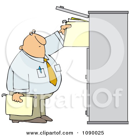 Clipart Businessman Reaching For Folders In A Tall Cabinet - Royalty Free Vector Illustration by djart