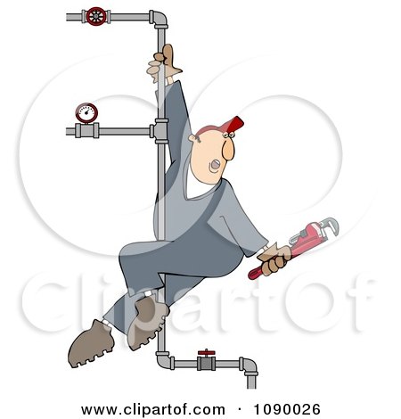Clipart Male Plumber Playing On A Vertical Pole Of Pipes - Royalty Free Illustration by djart