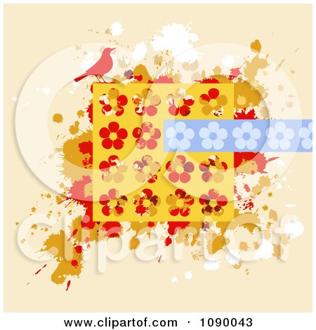 Clipart Grungy Background Of Splatters A Bird And Flowers - Royalty Free Vector Illustration by elena