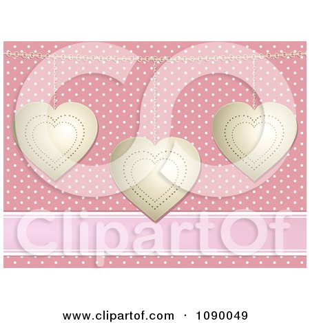 Clipart 3d Gold Valentine Hearts Over Pink Polka Dots And A Ribbon - Royalty Free Vector Illustration by elaineitalia