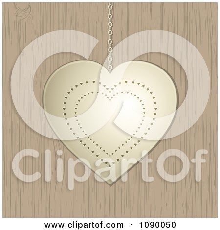 Clipart 3d Gold Valentine Heart Suspended Over Wood - Royalty Free Vector Illustration by elaineitalia