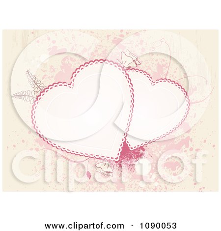 Clipart  White And Pink Doily Hearts Over Grunge With Flowers And Foliage - Royalty Free Vector Illustration by elaineitalia