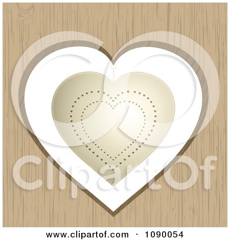 Clipart 3d Gold Valentine Heart Hanging In A Wood Cutout - Royalty Free Vector Illustration by elaineitalia