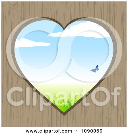 Clipart Heart Through Wood With A Blue Butterfly And Spring Time Landscape - Royalty Free Vector Illustration by elaineitalia