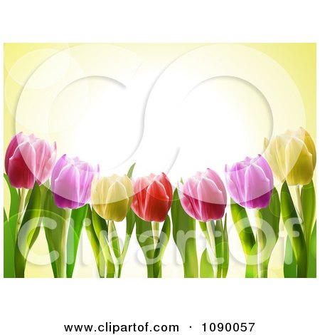 Clipart 3d Spring Tulip Flowers And Flares Over Yellow - Royalty Free Vector Illustration by elaineitalia