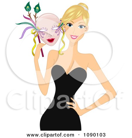 Clipart Blond Woman Holding A Mardi Gras Mask - Royalty Free Vector Illustration by BNP Design Studio