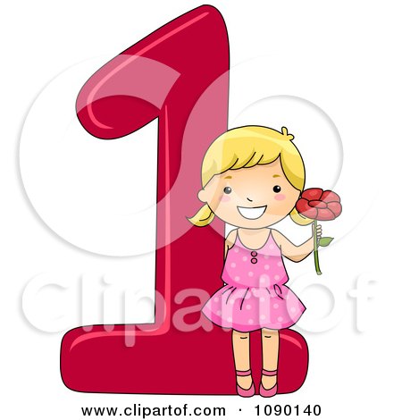 Clipart School Girl Holding 1 Flower With Number One - Royalty Free Vector Illustration by BNP Design Studio