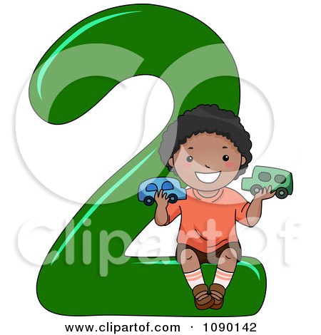 Clipart Black School Boy Holding Two Cars On Number 2 - Royalty Free Vector Illustration by BNP Design Studio