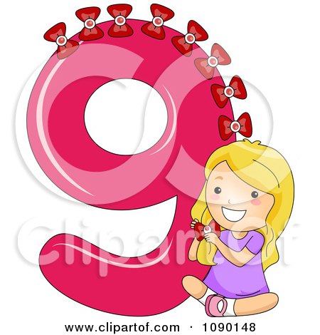Clipart School Girl Putting 9 Bows On Number Nine - Royalty Free Vector Illustration by BNP Design Studio