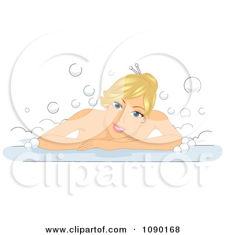 Clipart Blond Woman Smiling And Leaning Over The Rim Of A Bubble Bath - Royalty Free Vector Illustration by BNP Design Studio