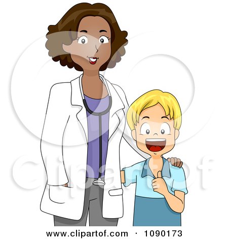 Clipart Black Female Pediatrician Doctor With A Happy Boy - Royalty Free Vector Illustration by BNP Design Studio