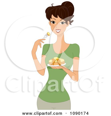 Clipart Woman Eating A Stack Of Pancakes - Royalty Free Vector Illustration by BNP Design Studio