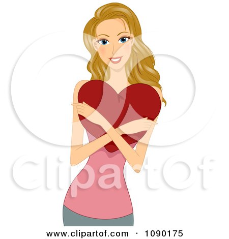 Clipart Young Blond Woman Hugging A Valentines Day Heart Pillow - Royalty Free Vector Illustration by BNP Design Studio