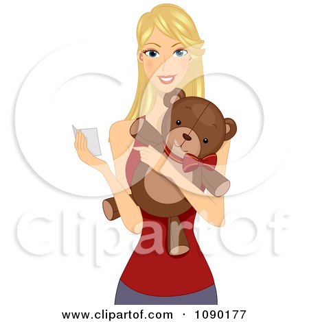 Clipart Happy Woman Holding A Valentine Card And Teddy Bear - Royalty Free Vector Illustration by BNP Design Studio